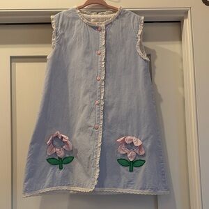 Girls' Light Blue Seersucker Dress with Pink Floral Appliqués